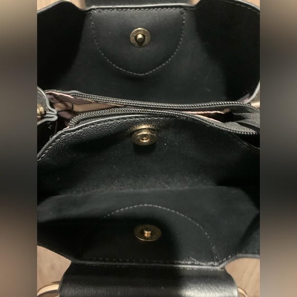 Modern Black Pebbled Leather Handbag - Gold Square Top Handle Satchel Purse - Picture 8 of 8